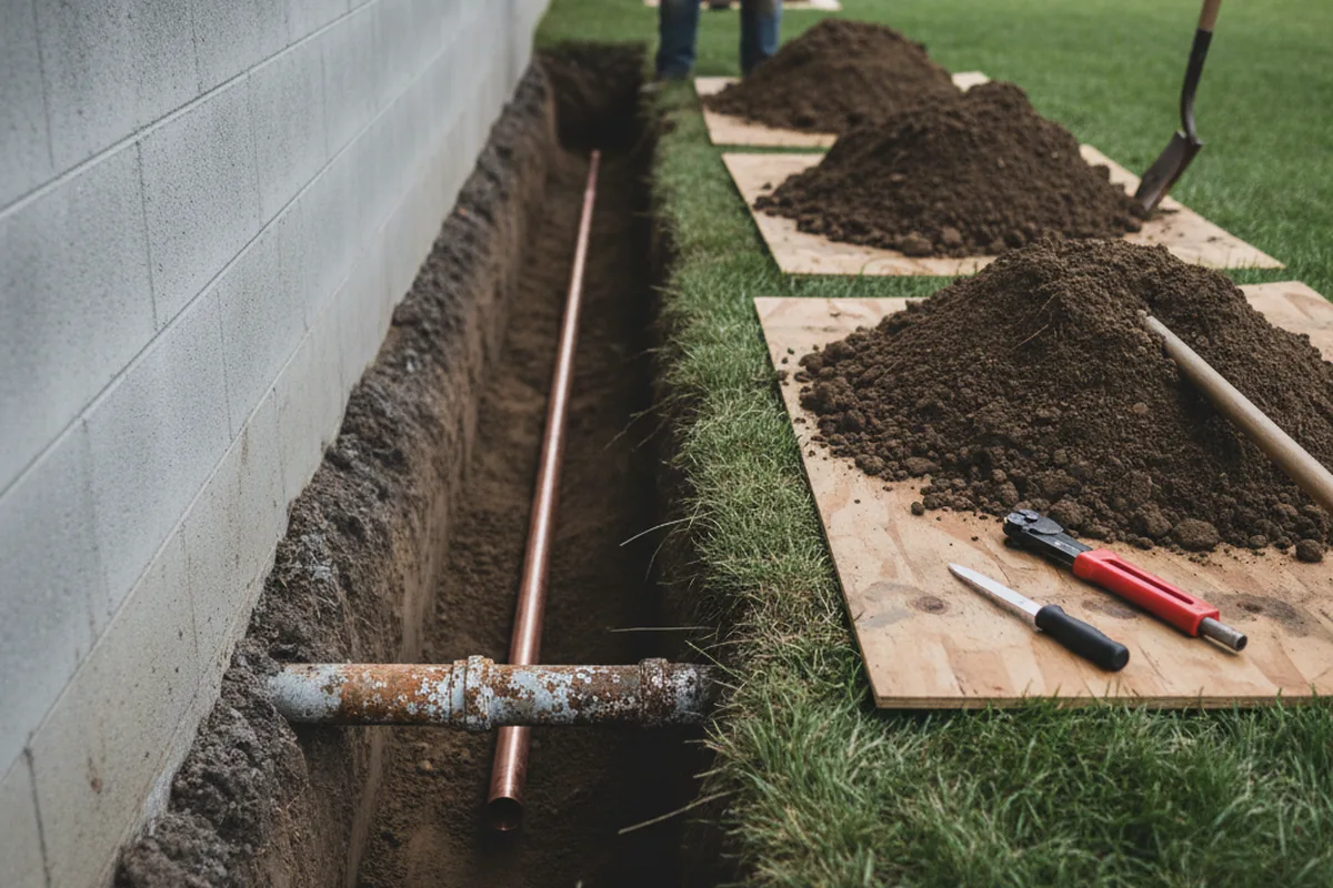 Excavated water line trench during Sewer Line Repair in Gettysburg
